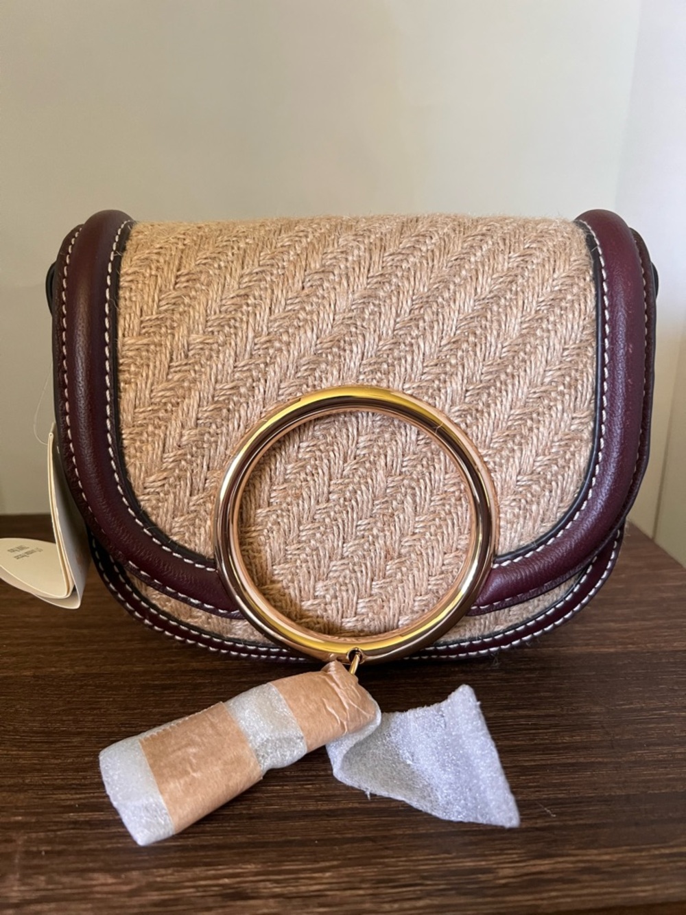 See by Chloe Woven Straw shoulder Bag with Burgundy Trim and Gold Ring
